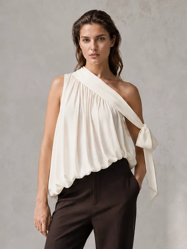 Diagonal Shoulder Tie Gathered Top made by COMMENSE