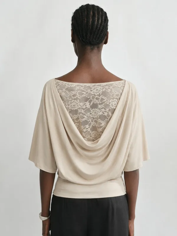 Lace Cowl Back Short Sleeve Top made by COMMENSE