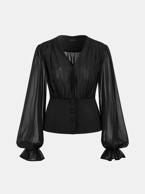 Sheer Puff Sleeve V-Neck Blouse made by COMMENSE