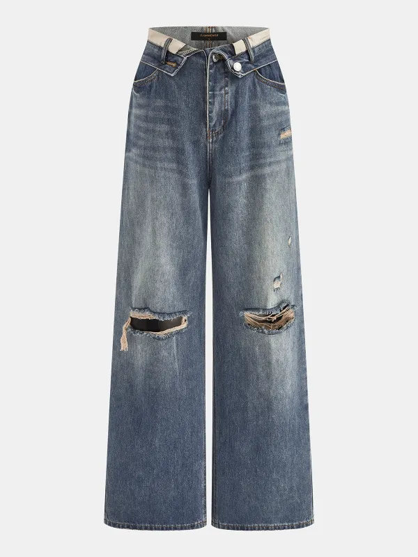 Fold Waist Ripped Distressed Wide Leg Jeans made by COMMENSE