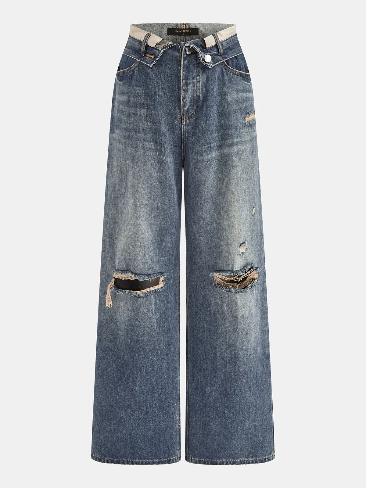 Fold Waist Ripped Distressed Wide Leg Jeans sold by COMMENSE