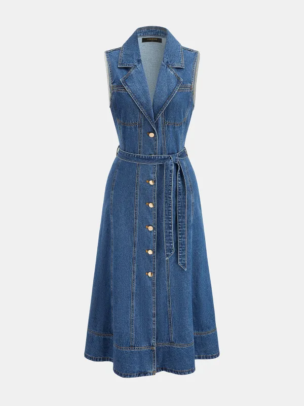 Belted Lapel Sleeveless Denim Maxi Dress made by COMMENSE