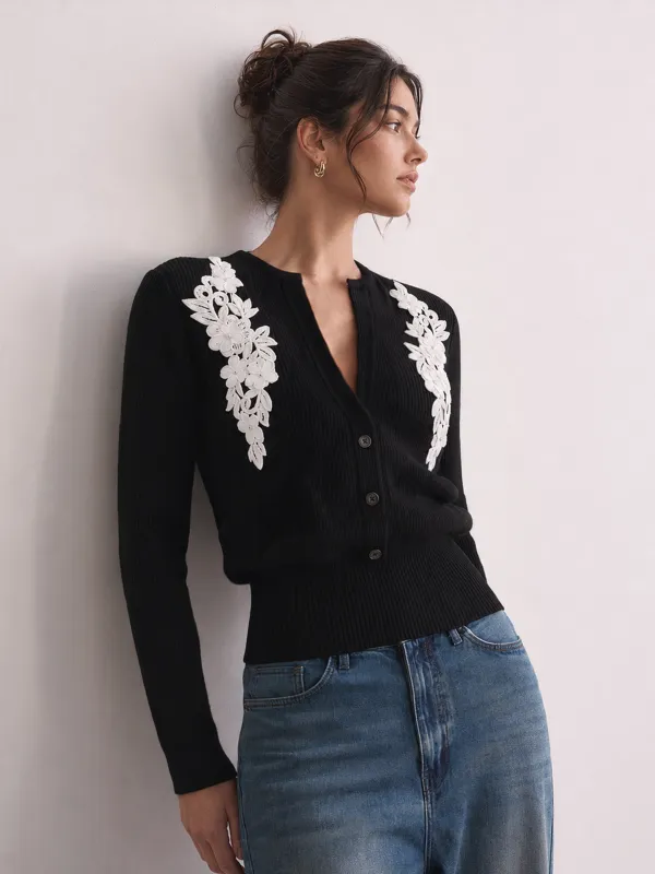 Lace Floral Applique Ribbed Cardigan made by COMMENSE