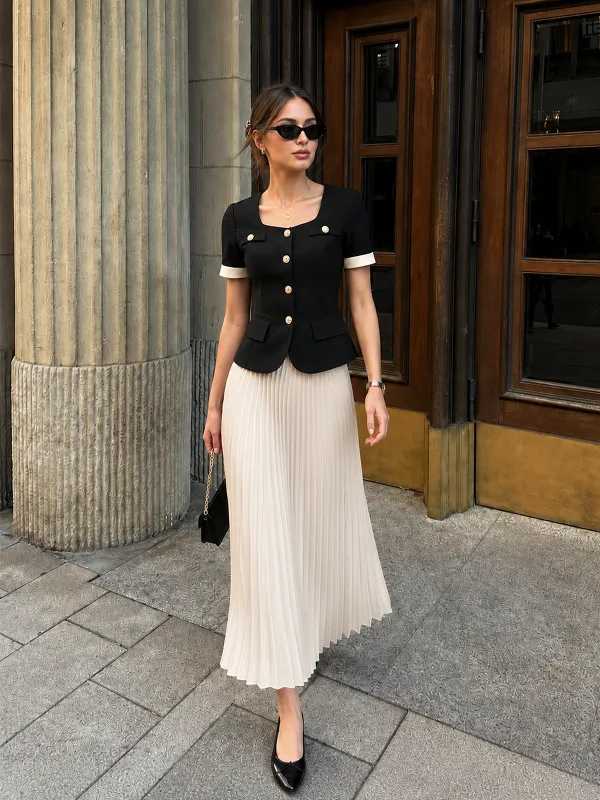 Contrast Two Piece Top Pleated Skirt Set made by COMMENSE