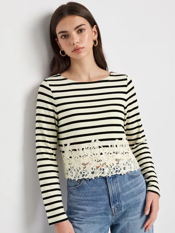 Striped Lace Hem Long Sleeve Top made by COMMENSE