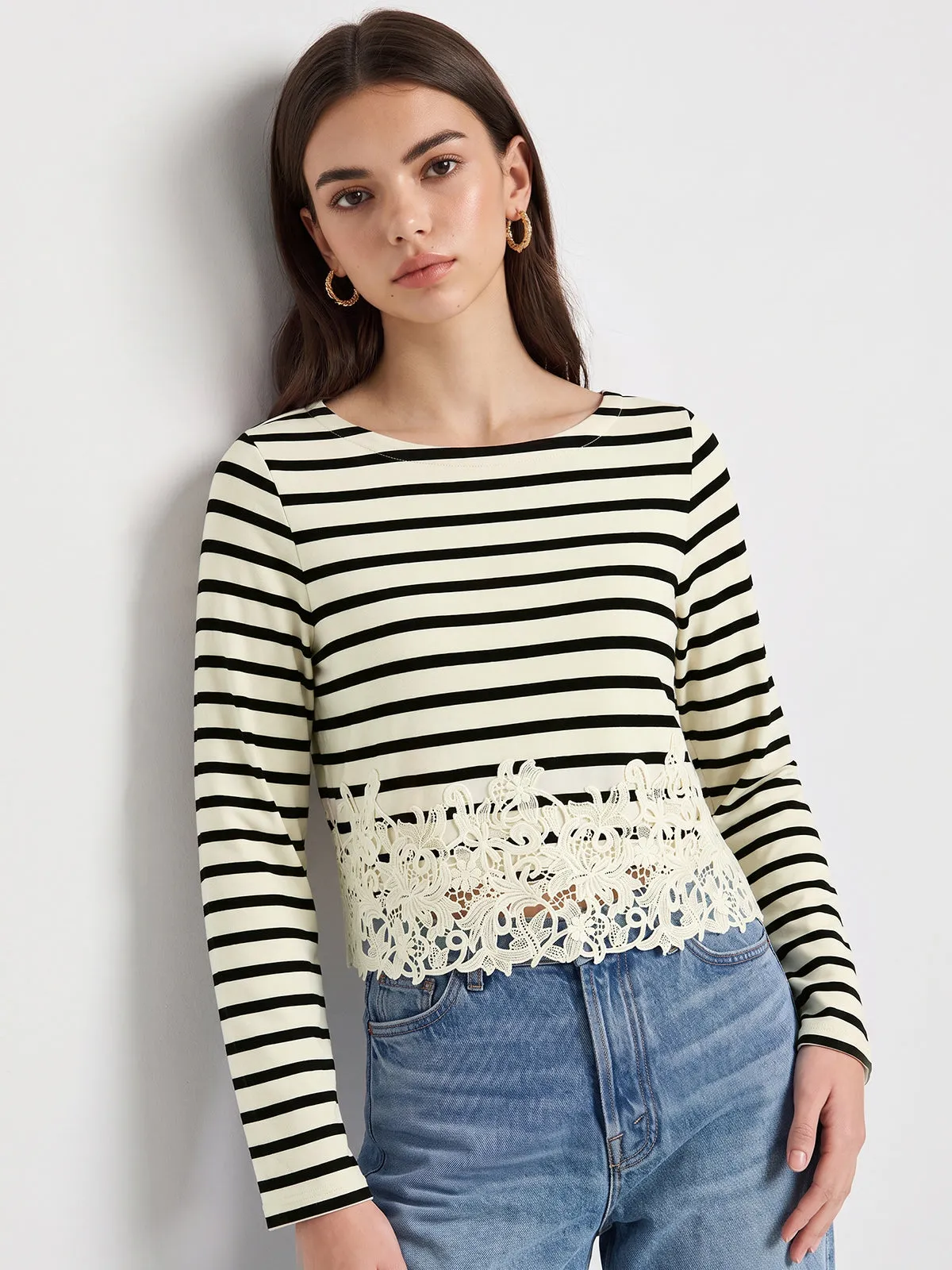 Striped Lace Hem Long Sleeve Top sold by COMMENSE