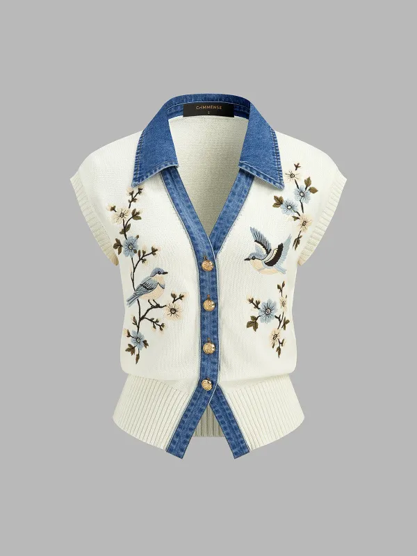 Bird Floral Denim Collar Knit Vest made by COMMENSE