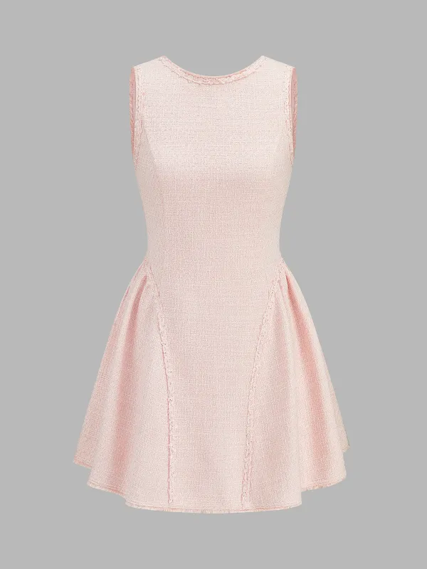 Fray Trim Tweed Backless Flare Dress made by COMMENSE