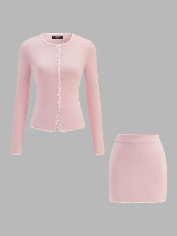 Scallop Trim Knit Two Piece Skirt Set made by COMMENSE