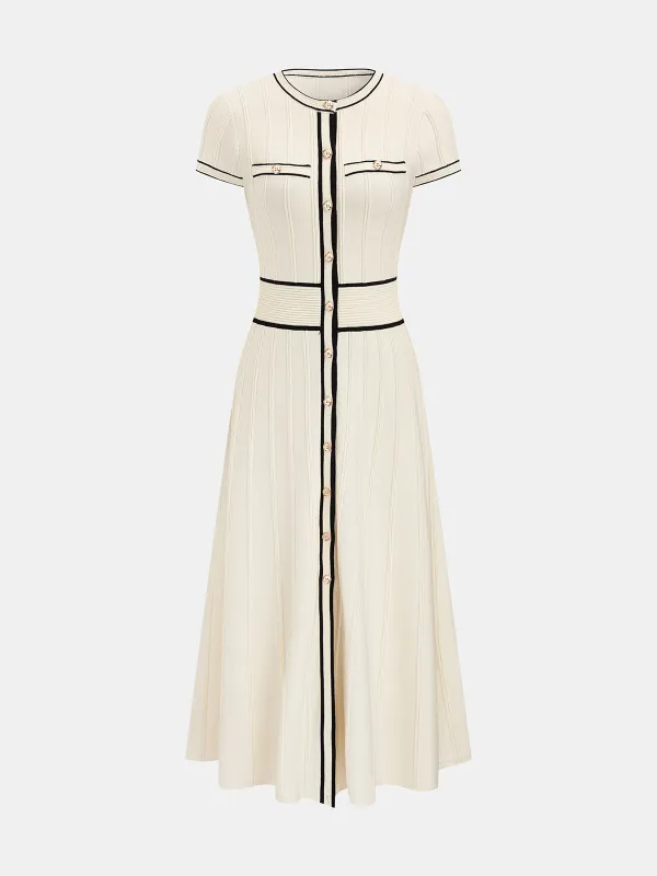 Short Sleeve Button Front Knit Midi Dress made by COMMENSE