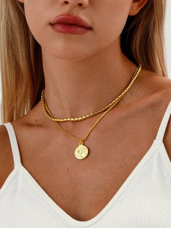 Double Layer Sun Moon Coin Pendant Necklace made by COMMENSE