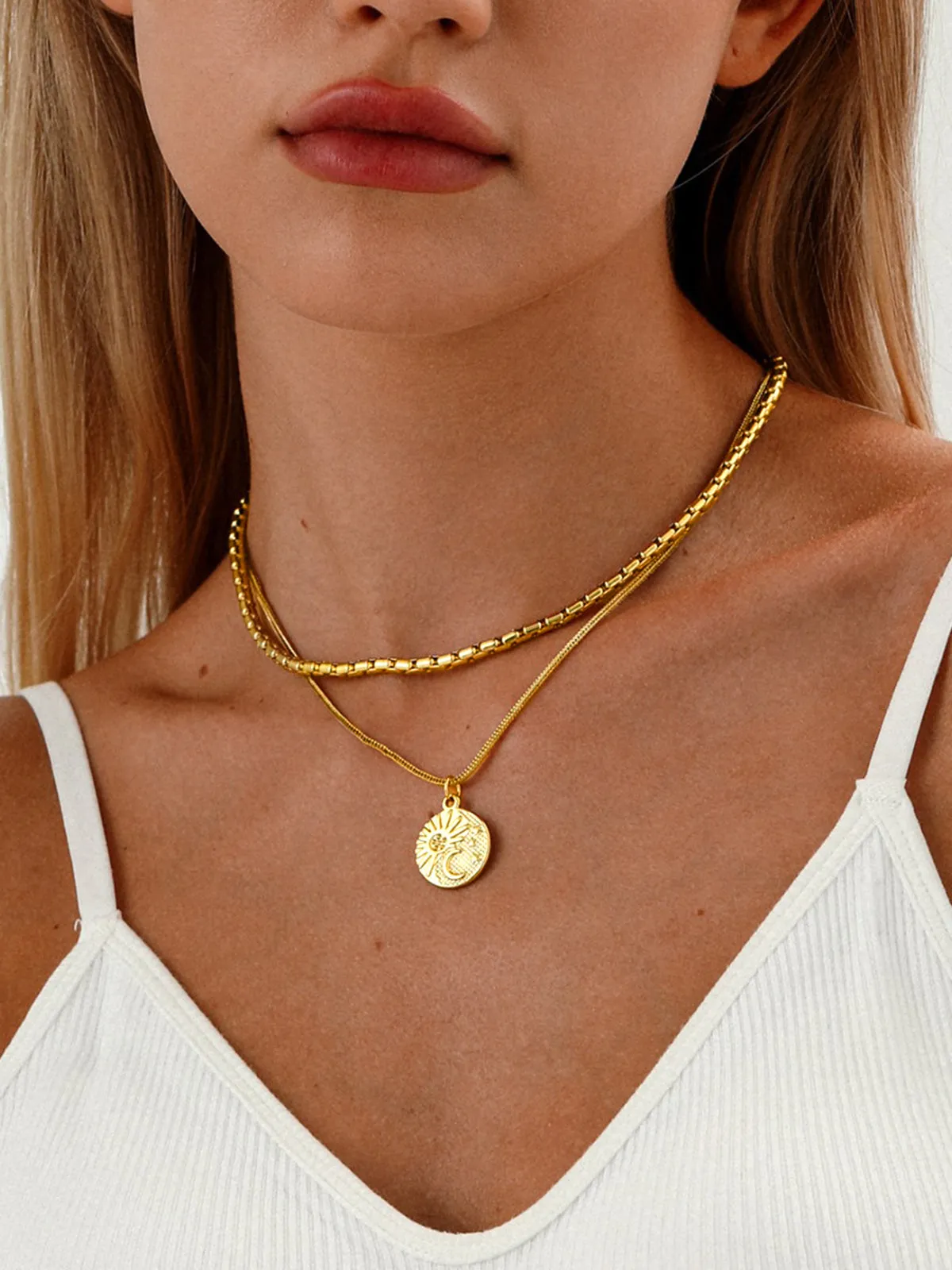 Double Layer Sun Moon Coin Pendant Necklace sold by COMMENSE