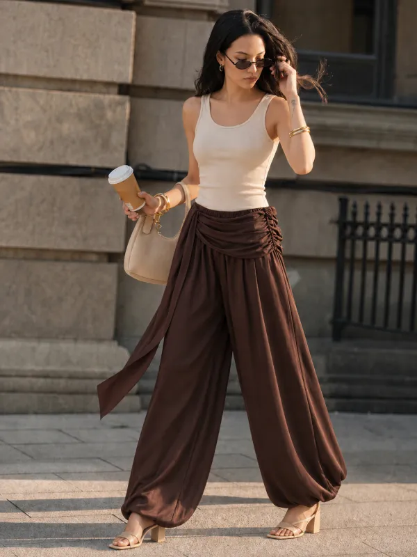 Draped Sash Elastic Waist Balloon Pants made by COMMENSE
