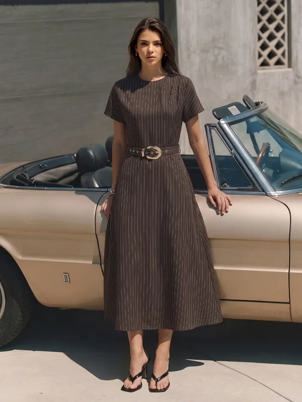 Pinstripe Short Sleeve Belted Midi Dress made by COMMENSE