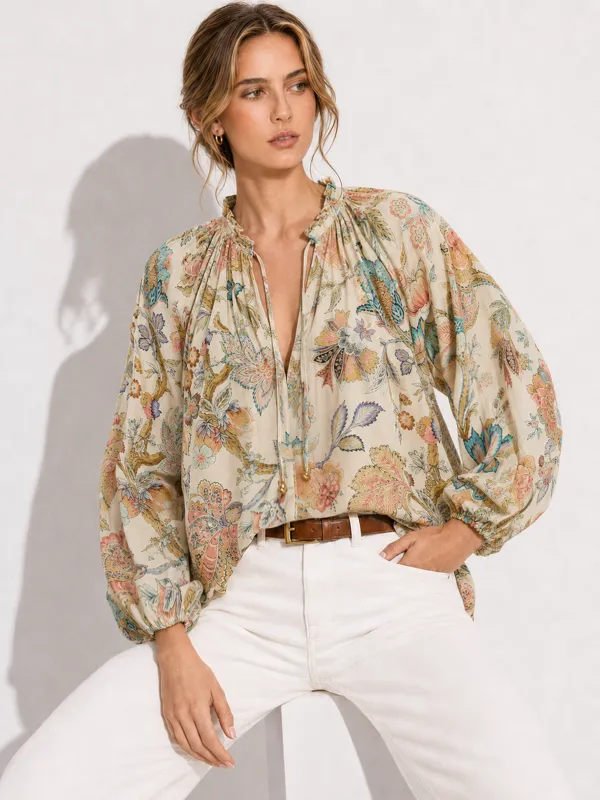 Floral Ruffle Tie Neck Balloon Sleeve Blouse made by COMMENSE