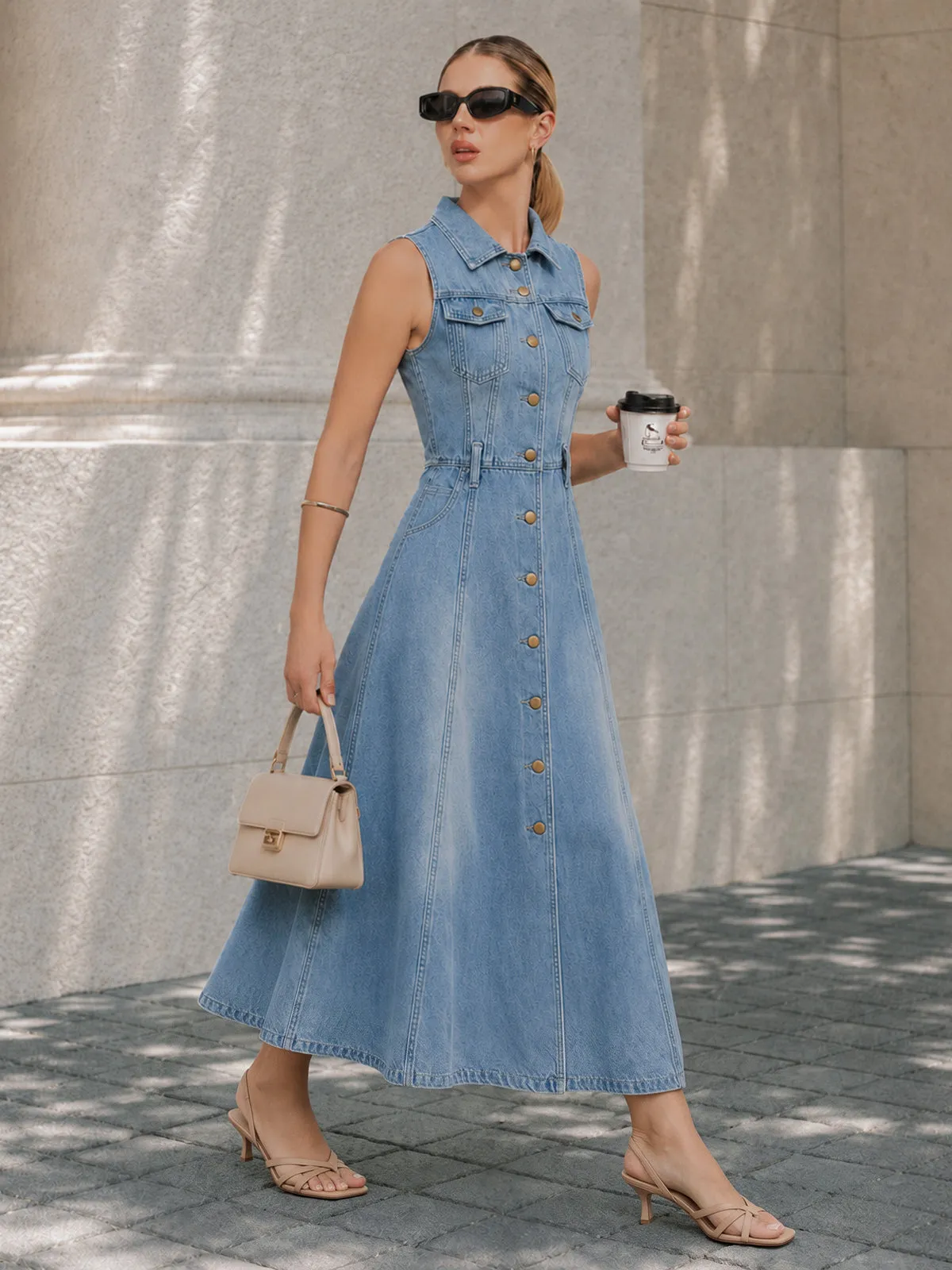 Button Down Sleeveless A-Line Denim Dress sold by COMMENSE product image thumbnail 3