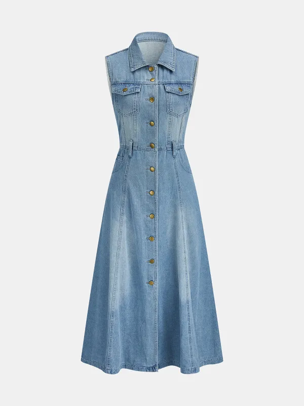 Button Down Sleeveless A-Line Denim Dress made by COMMENSE