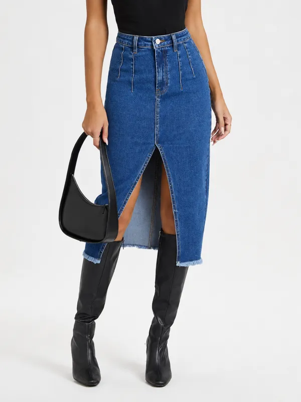 Front Slit Raw Hem Denim Midi Skirt made by COMMENSE