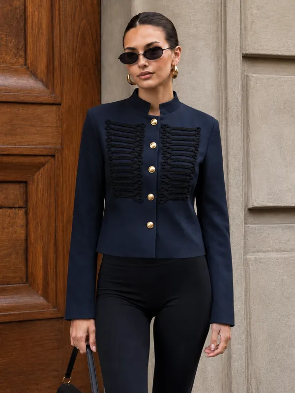 Military Style Stand Collar Cropped Blazer made by COMMENSE