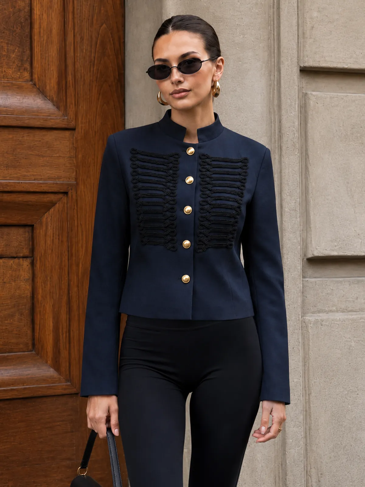 Military Style Stand Collar Cropped Blazer sold by COMMENSE