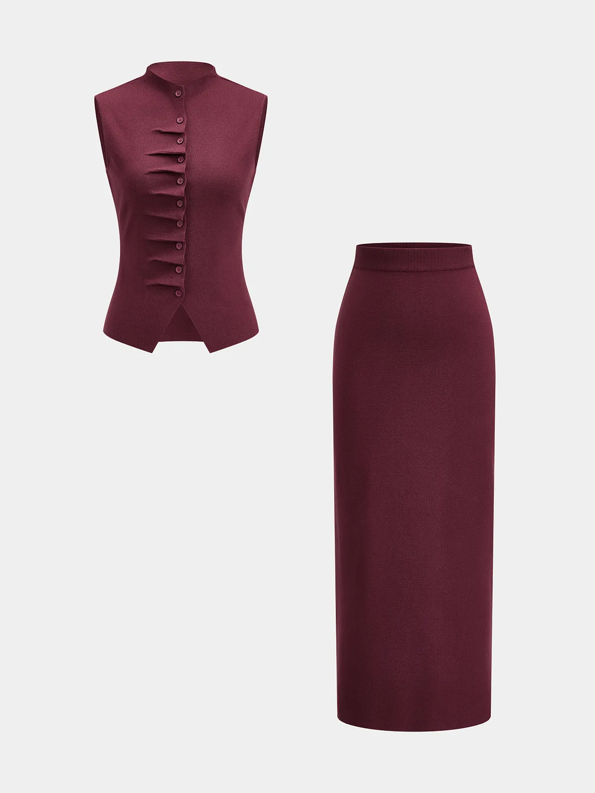 Ruched Button Knit Vest & Midi Skirt Set sold by COMMENSE product image thumbnail 2