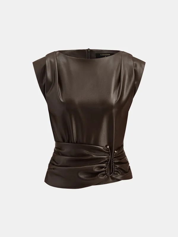 Faux Leather Ruched Waist Top made by COMMENSE