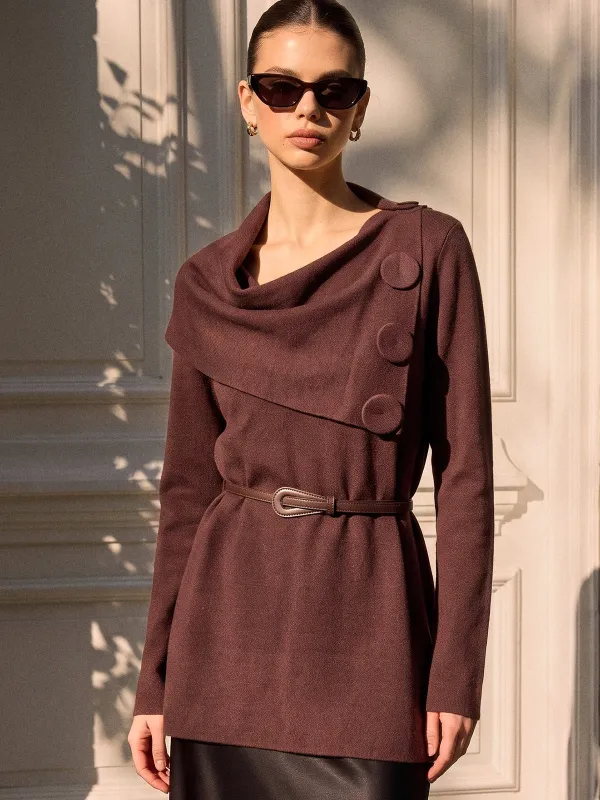 Cowl Neck Belted Knit Tunic made by COMMENSE