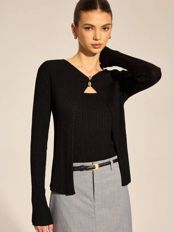 Metal Buckle Knit Cardigan Cami Two Piece Set made by COMMENSE