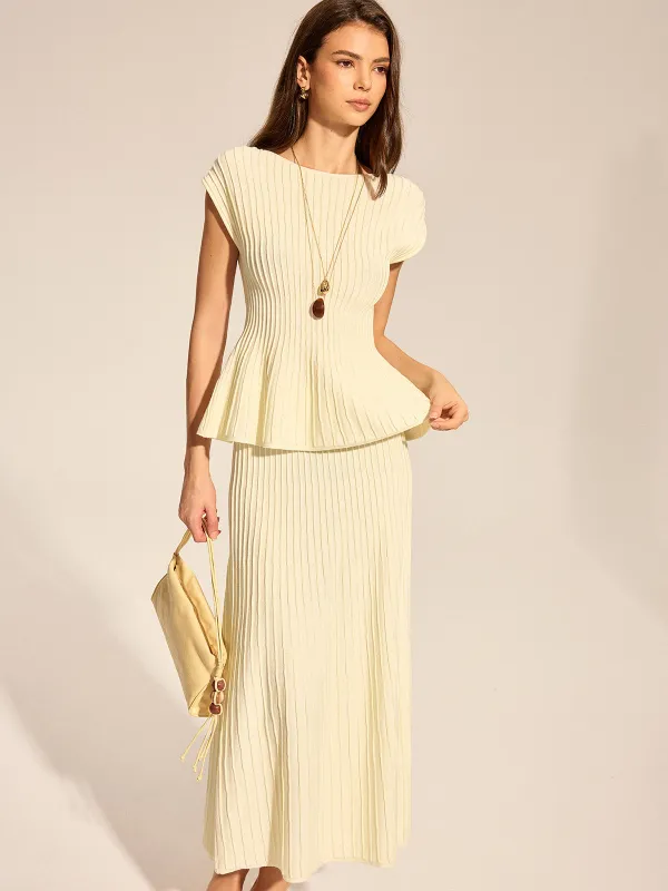 Rib Peplum Cap Sleeve Knit Two Piece Set made by COMMENSE