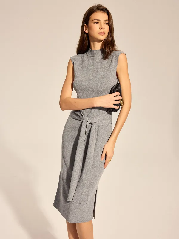 Mock Neck Tie Waist Knit Midi Dress made by COMMENSE