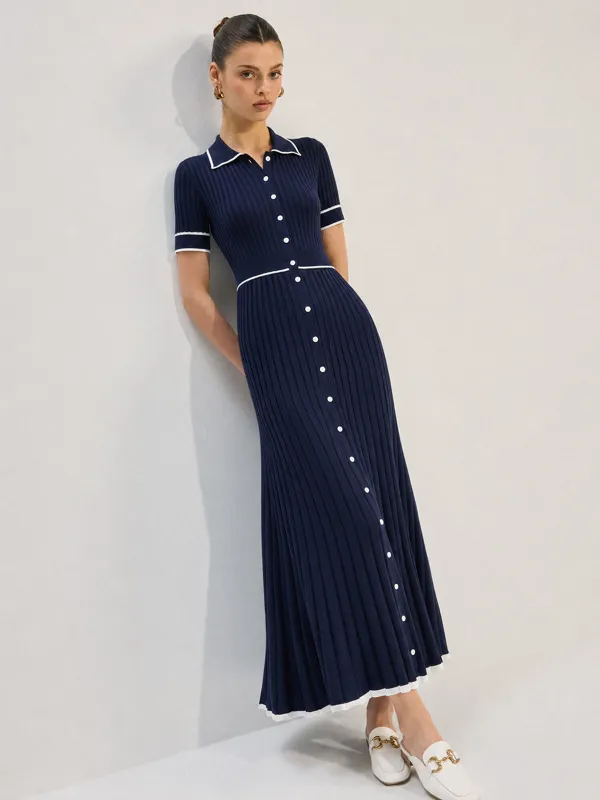 Contrast Piping Collared Rib Knit Midi Dress made by COMMENSE