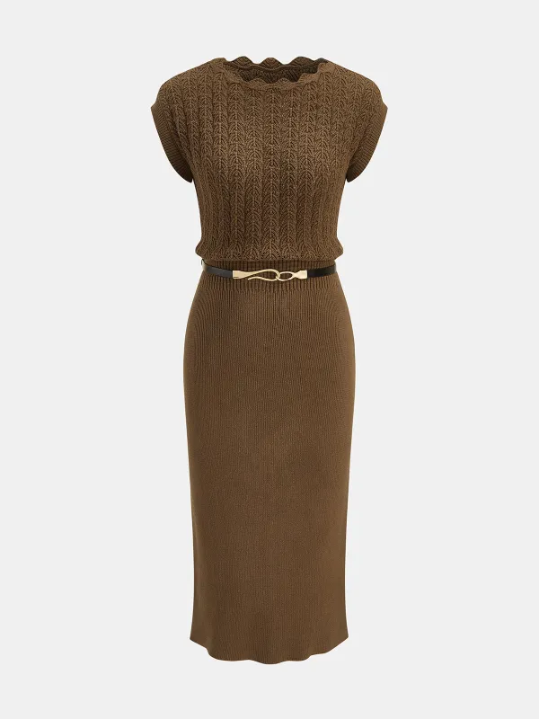 Scallop Neck Belted Knit Midi Dress made by COMMENSE