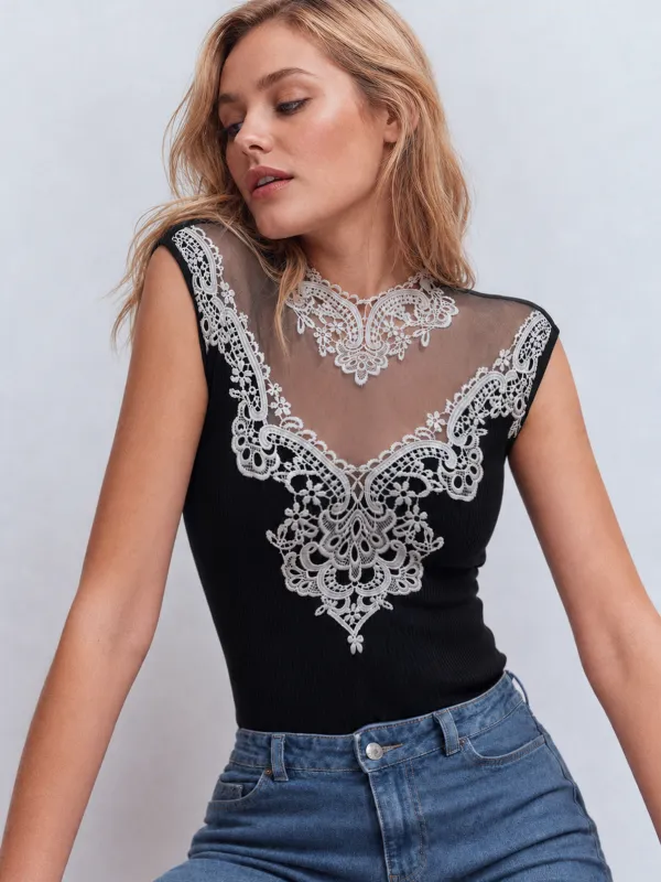 Lace Mesh Sleeveless Ribbed Top made by COMMENSE
