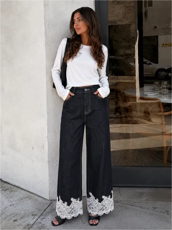 Lace Hem Denim Wide Leg Pants made by COMMENSE