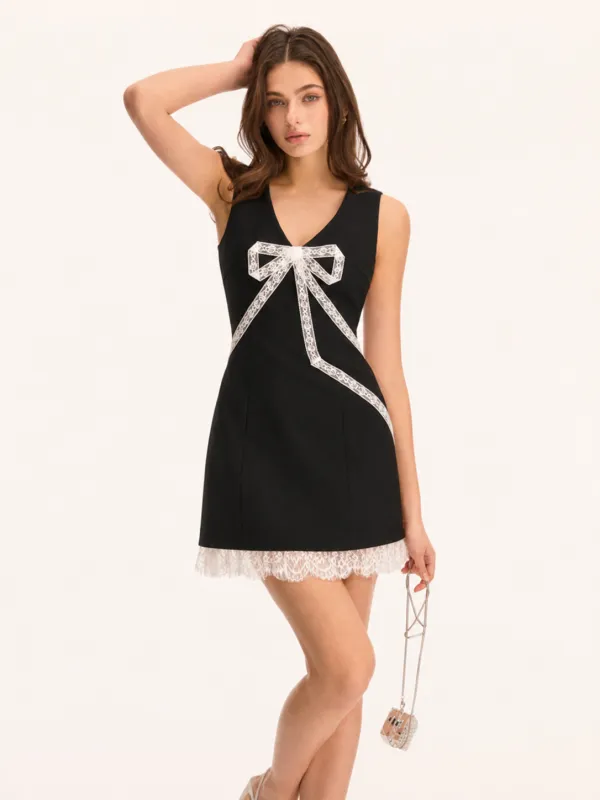 Lace Hem Bow Sleeveless Cotton Mini Dress made by COMMENSE