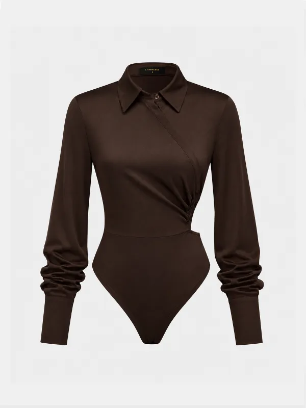 Satin Ruched Collared Bodysuit made by COMMENSE