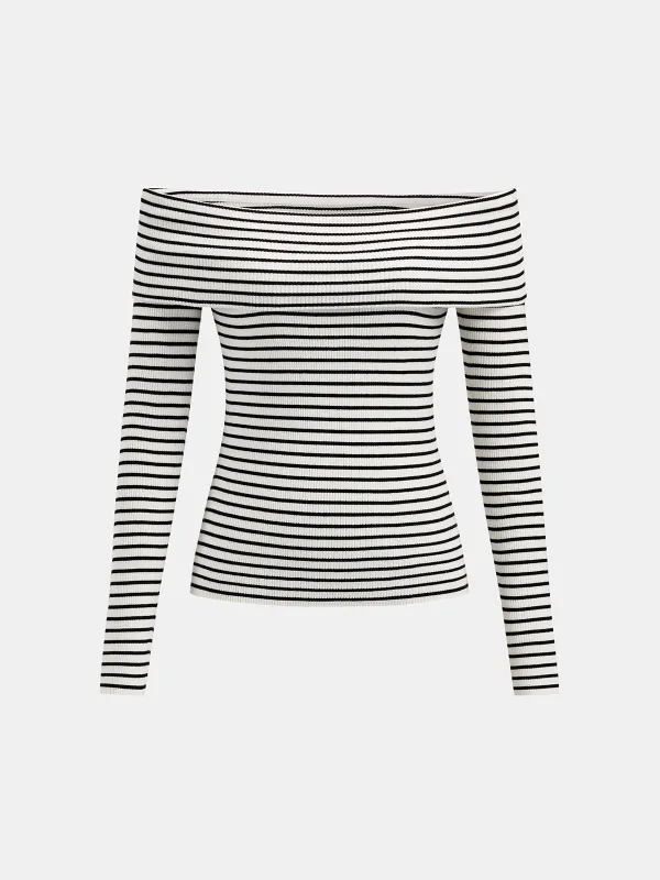 Striped Off Shoulder Rib Knit Top made by COMMENSE