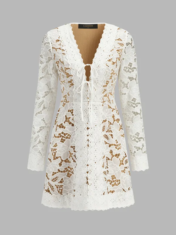 Lace Tie Front Long Sleeve Mini Dress made by COMMENSE