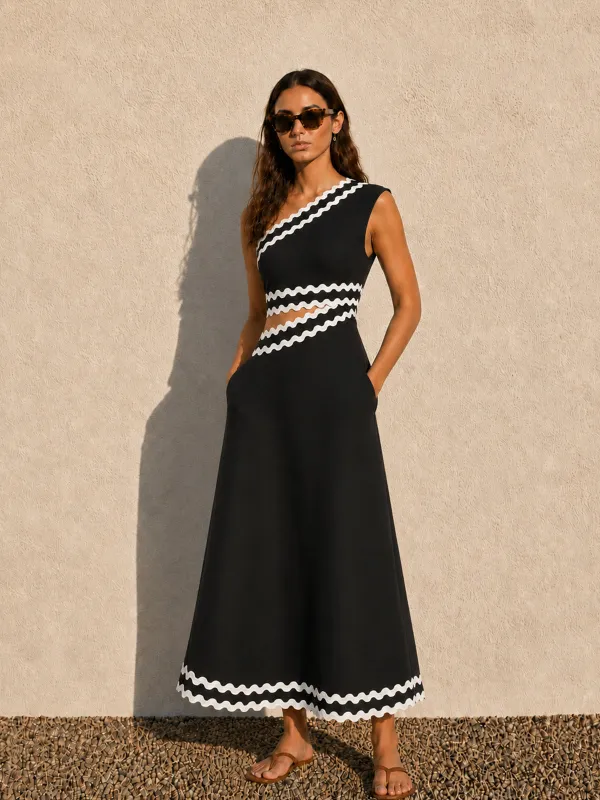 Wave Trim One Shoulder Cutout Midi Dress made by COMMENSE