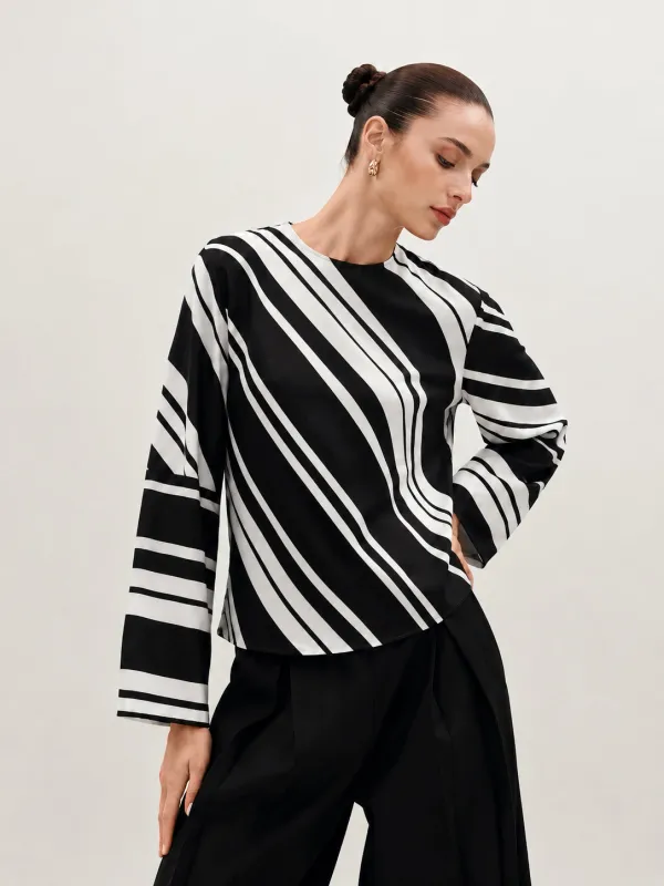 Diagonal Stripe Long Sleeve Blouse made by COMMENSE