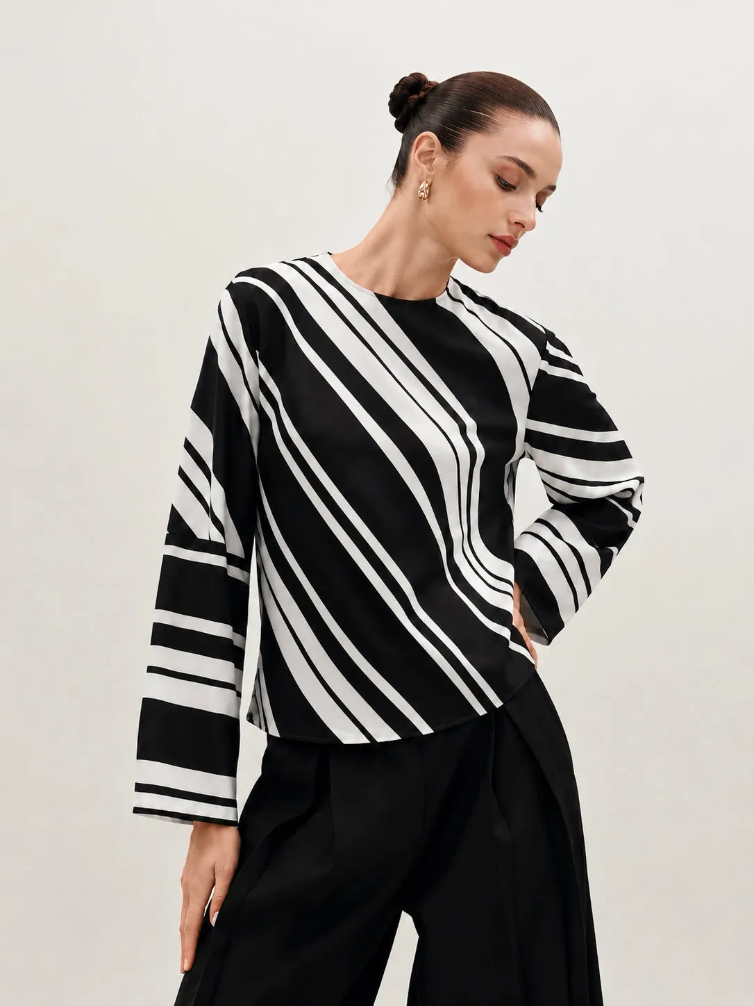 Diagonal Stripe Long Sleeve Blouse sold by COMMENSE