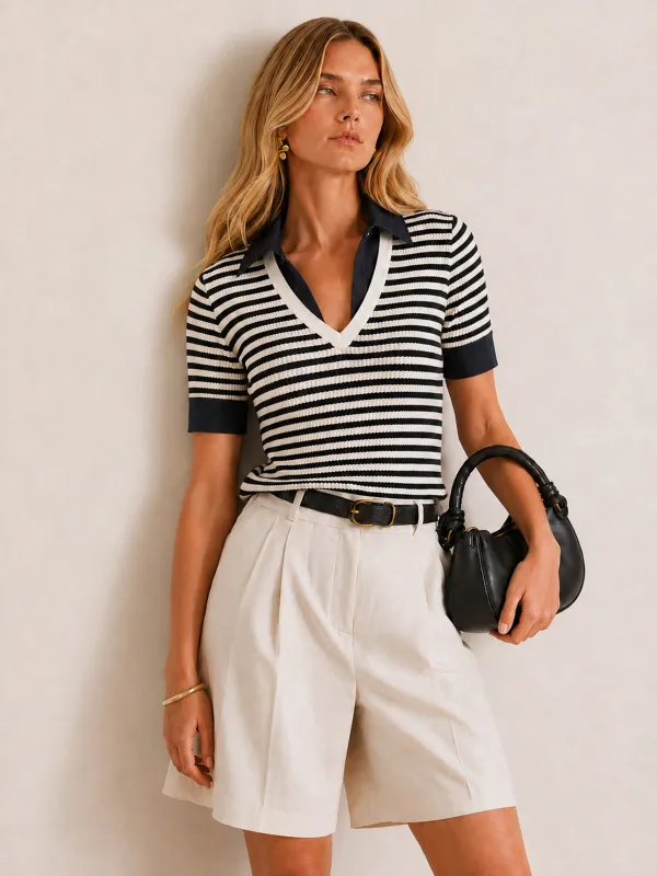 Striped Lapel V Neck Knit Top made by COMMENSE