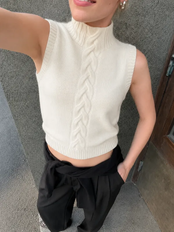 Front Cable Knit Turtleneck Vest made by COMMENSE