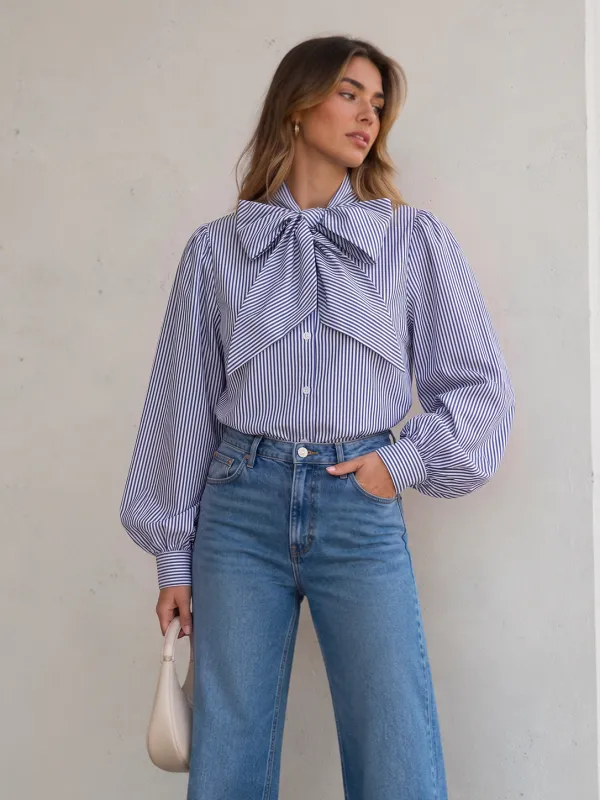 Striped Bow Balloon Sleeve Cotton Shirt made by COMMENSE