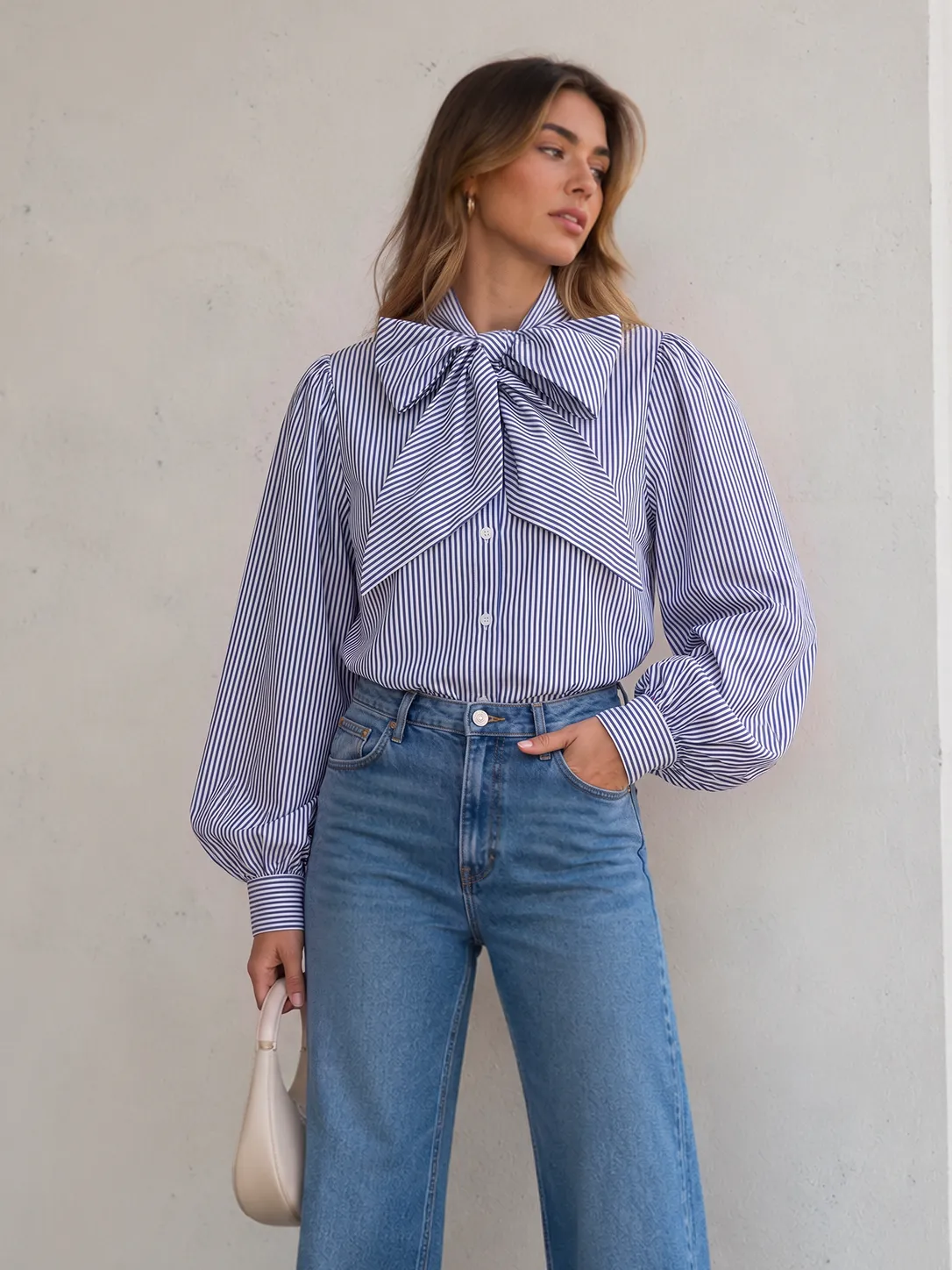 Striped Bow Balloon Sleeve Cotton Shirt sold by COMMENSE