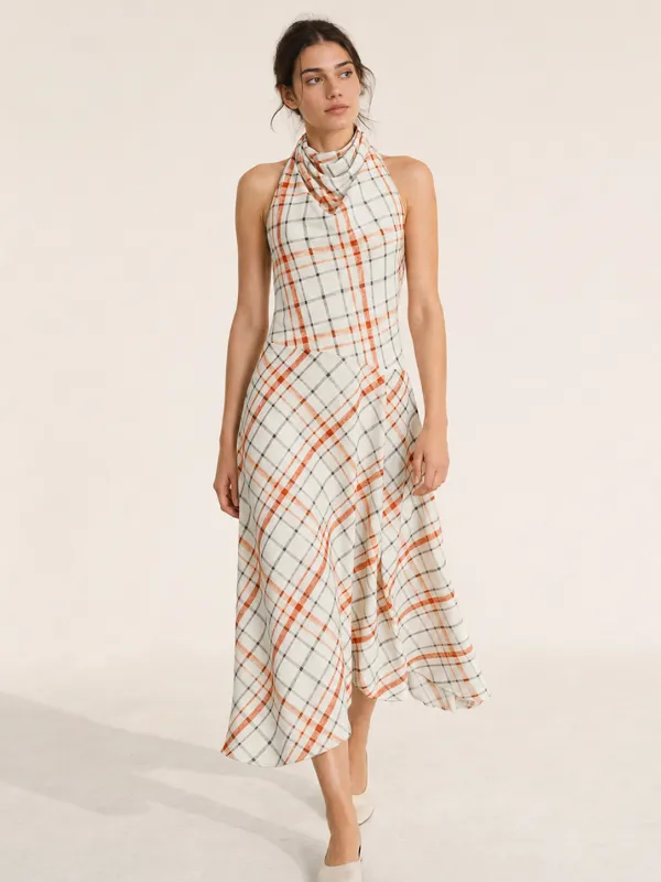 Halter Cowl Neck Plaid Midi Dress made by COMMENSE