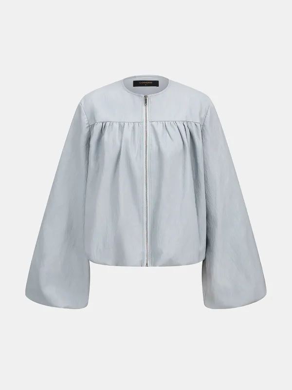 Zip Front Gathered Puff Sleeve PU Jacket made by COMMENSE