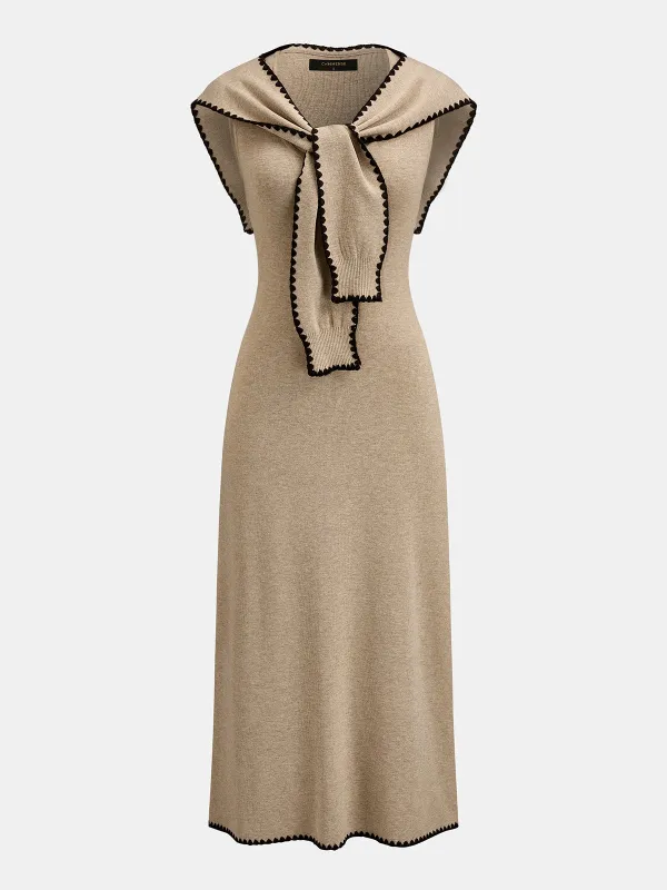 Tie Cape Contrast Trim Knit Midi Dress made by COMMENSE