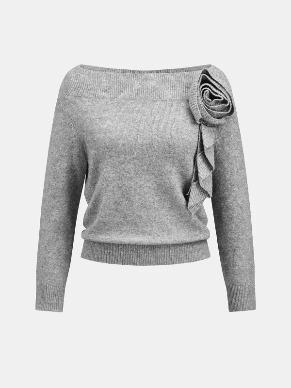 Wool Blend Off Shoulder Rose Knit Sweater made by COMMENSE