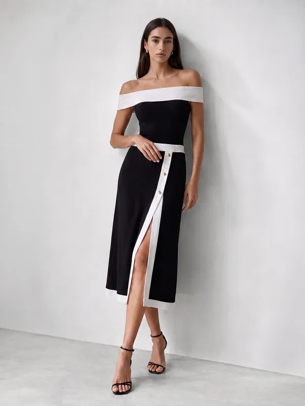 Off Shoulder Button Split Midi Dress made by COMMENSE